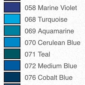 May include: A color chart featuring a spectrum of shades, from raspberry to midnight blue. Each color is displayed in a rectangular block with a corresponding number and name, including turquoise, teal, and cobalt blue.