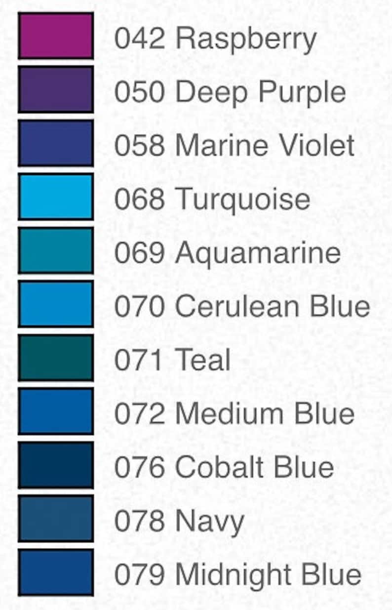 May include: A color chart featuring a spectrum of shades, from raspberry to midnight blue. Each color is displayed in a rectangular block with a corresponding number and name, including turquoise, teal, and cobalt blue.