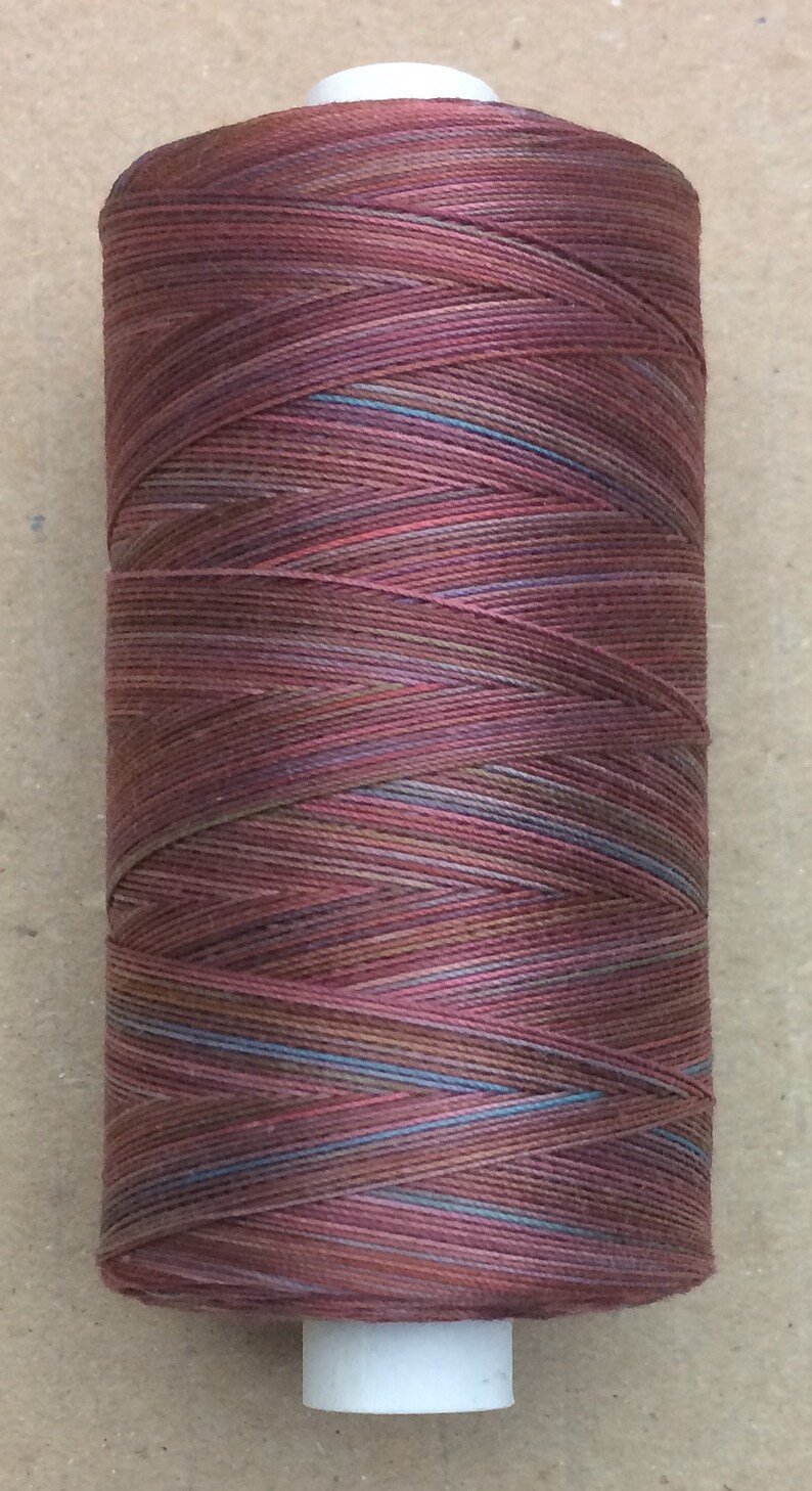 May include: A spool of multi-colored thread with a white plastic bobbin. The thread is a mix of red, pink, brown, and blue.