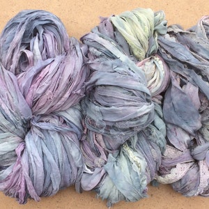 Sari Silk Chiffon Ribbons, Hand Dyed, Lace inclusions, Mixed Media, 100g, No.56 Pebble