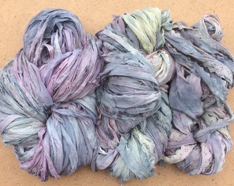 Sari Silk Chiffon Ribbons, Hand Dyed, Lace inclusions, Mixed Media, 100g, No.56 Pebble