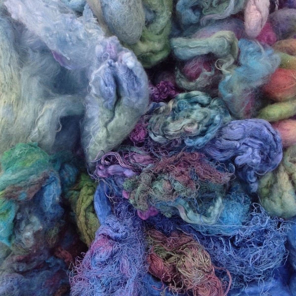 Silk Pick and Mix Blue Selection, Hand Dyed Silk Fibres, Silk Tops, Throwsters Waste, Laps, Cocoons, Carrier Rods, Hankies