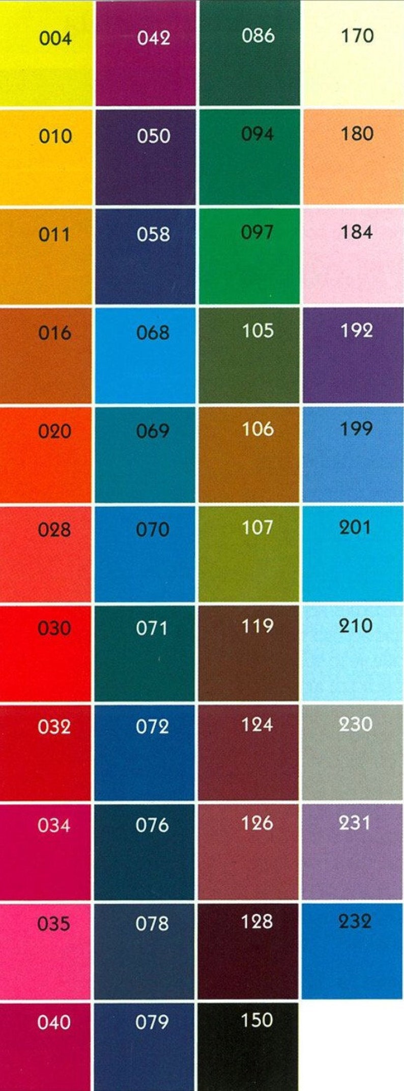 May include: Color chart featuring a grid of various color swatches, each with a unique number. The chart includes a wide range of hues, from vibrant yellows and oranges to deep blues and greens. The numbers are in white.