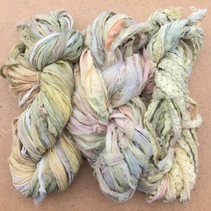 Sari Silk Chiffon Ribbons, Hand Dyed, Lace inclusions, Mixed Media, 100g, Dusky Lemon and Sage Green