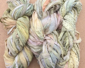 Sari Silk Chiffon Ribbons, Hand Dyed, Lace inclusions, Mixed Media, 100g, Dusky Lemon and Sage Green