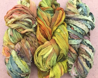 Sari Silk Chiffon Ribbons, Hand Dyed, Lace inclusions, Mixed Media, 100g, Lime and Lemon Lemon