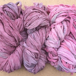 Sari Silk Chiffon Ribbons, Hand Dyed, Lace inclusions, Mixed Media, 100g, Dusky Pink