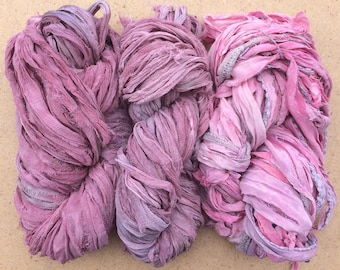 Sari Silk Chiffon Ribbons, Hand Dyed, Lace inclusions, Mixed Media, 100g, Dusky Pink