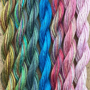 May include: Six skeins of embroidery floss in various colours, including green, blue, pink, and red. The floss is twisted and has a variegated colour pattern.