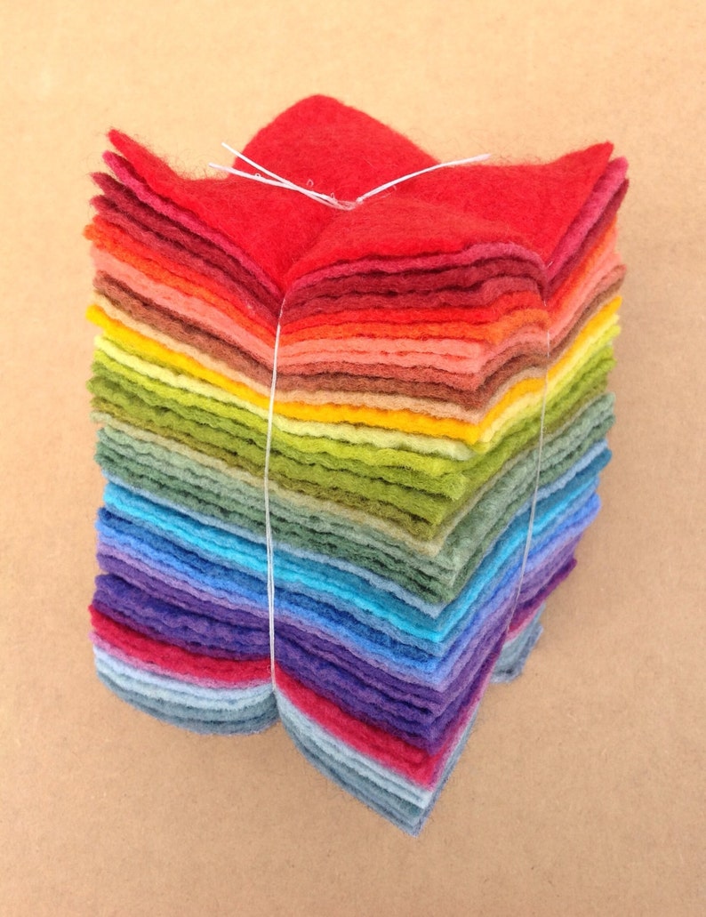 Felt Selection British Supply UK Seller 48 pieces of Hand Dyed Wool and Viscose Felt coloured across the spectrum Felt Tower