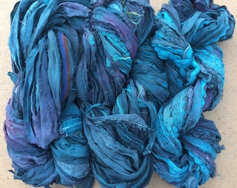 Sari Silk Chiffon Ribbons, Hand Dyed, Lace inclusions, Mixed Media, 100g, Shades of Indigo