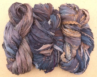Sari Silk Chiffon Ribbons, Hand Dyed, Lace inclusions, Mixed Media, 100g, Black, Brown, Rust