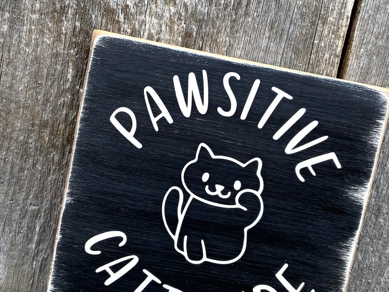 May include: A black wooden sign with white text and a cartoon cat illustration. The sign reads "PAWSITIVE CATITUDE" in a playful font, perfect for cat lovers. The sign has a distressed, rustic look.
