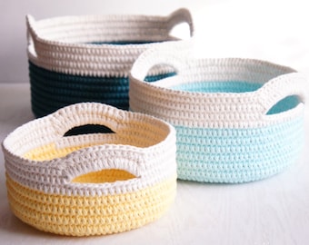 Sturdy Crochet Baskets with Handles - Stacking Set of 3 Crochet Baskets - JaKiGu Crochet Pattern