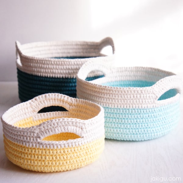 Sturdy Crochet Baskets with Handles - Stacking Set of 3 Crochet Baskets - JaKiGu Crochet Pattern