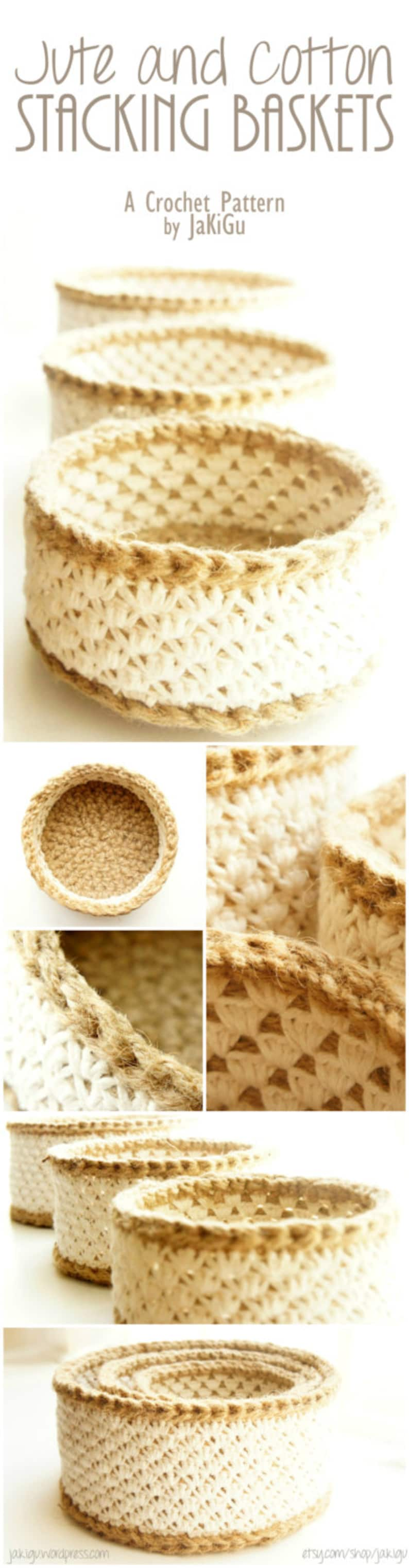 Crochet Pattern Bundle Discount Round, Square and Lace Jute and Cotton Stacking Basket Sets image 3