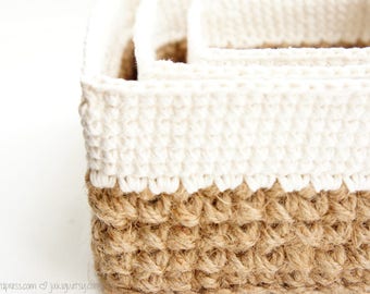 Square Stacking Baskets Set - JaKiGu PDF Crochet Pattern 303 - Jute and Cotton Nesting Baskets DIY Instructions