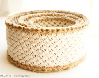 Crochet Stacking Baskets - PDF Crochet Pattern - Jute and Lace Cotton Nesting Baskets - JaKiGu Pattern 302