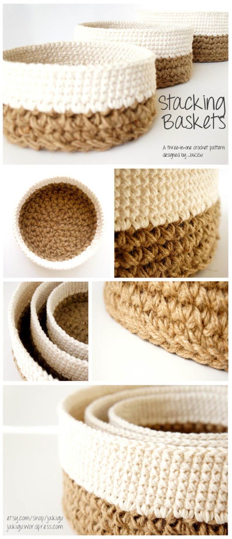 Crochet Pattern Bundle Discount Round, Square and Lace Jute and Cotton Stacking Basket Sets image 4