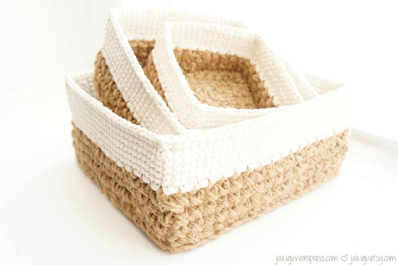 Square Stacking Baskets Set JaKiGu PDF Crochet Pattern 303 Jute and Cotton Nesting Baskets DIY Instructions image 3