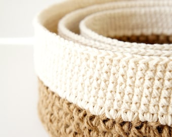 Stacking Baskets - 3 PDF Crochet Patterns - Jute and Cotton Nesting Bowls - Natural Materials - JaKiGu Pattern 301