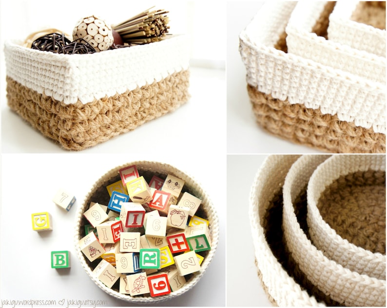 Crochet Pattern Bundle Discount Round and Square Jute and Cotton Stacking Baskets JaKiGu Crochet Pattern image 2