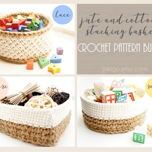 Crochet Pattern Bundle Discount Round, Square and Lace Jute and Cotton Stacking Basket Sets image 1