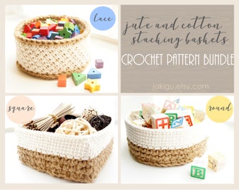 Crochet Pattern Bundle - Discount - Round, Square and Lace Jute and Cotton Stacking Basket Sets