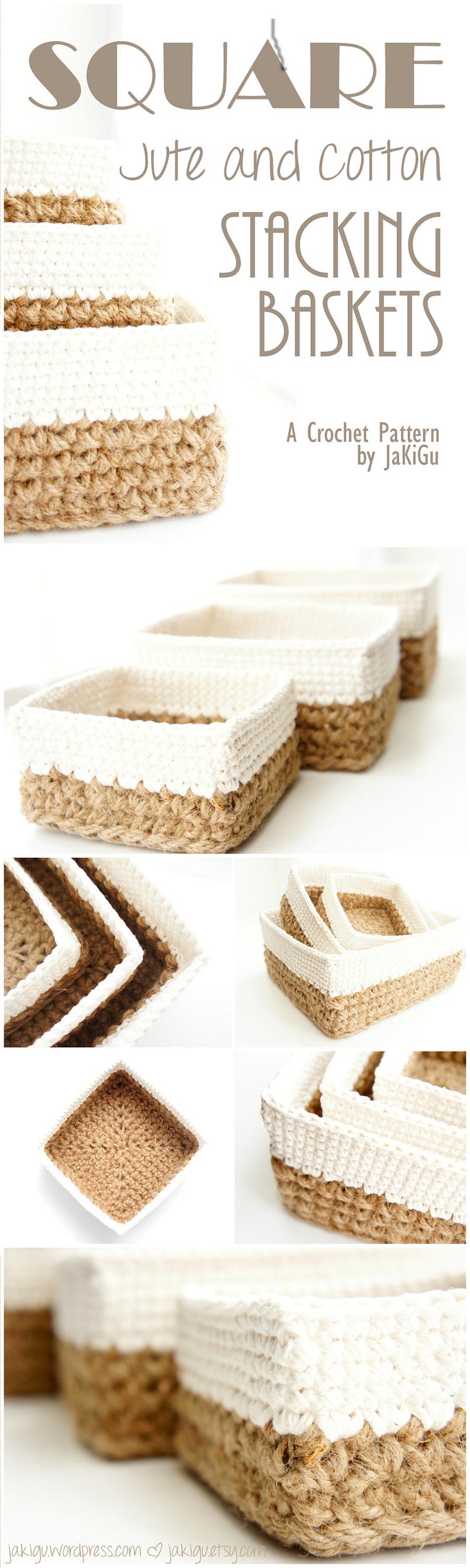 Square Stacking Baskets Set JaKiGu PDF Crochet Pattern 303 Jute and Cotton Nesting Baskets DIY Instructions image 5
