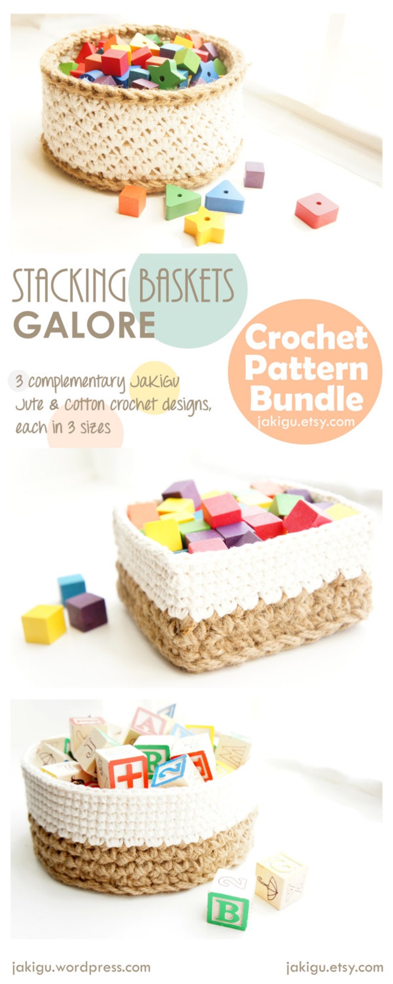 Crochet Pattern Bundle Discount Round, Square and Lace Jute and Cotton Stacking Basket Sets image 5