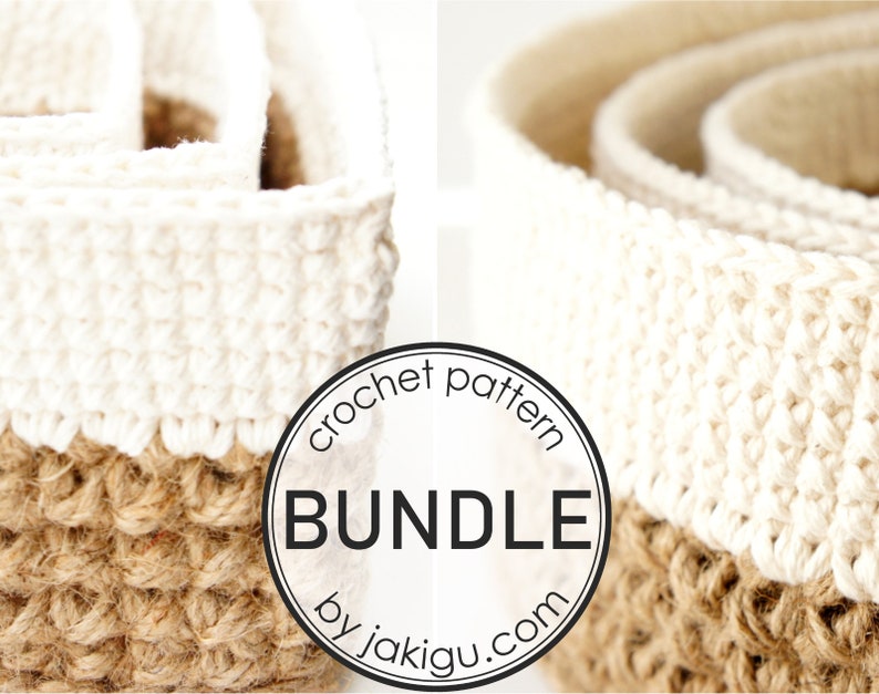 Crochet Pattern Bundle Discount Round and Square Jute and Cotton Stacking Baskets JaKiGu Crochet Pattern image 1