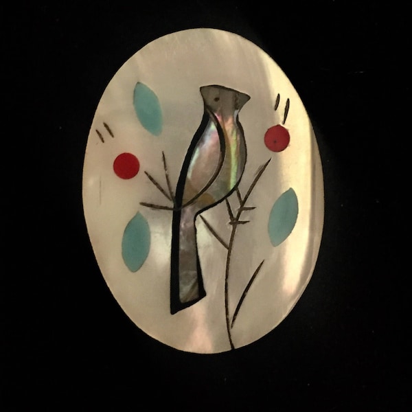 Large vintage mother of pearl blue jay inlay on abalone cabochon, 1970s native american bird cabochon, vintage indian jewelry supplies