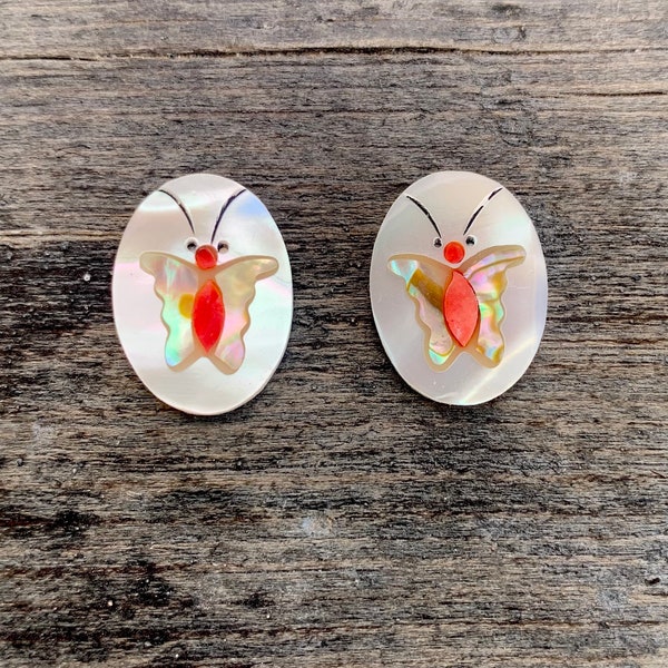 Vintage mother of pearl white butterfly inlay on abalone cabochon, 1970s butterfly cabochon, vintage indian jewelry supplies, butterfly cab,