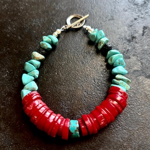 Coral and turquoise bracelet with lava rock and a toggle closure, red coral heishi bracelet, coral and turquoise bracelet, red coral