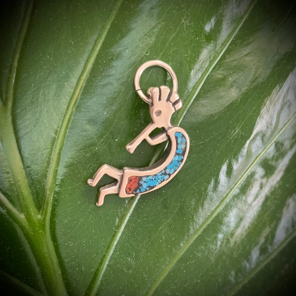 Pewter kokopelli charm with turquoise and coral, kokpelli, kokpelle pendent, kokopelli jewelry, kokpelli, alloy kokopelli, Kokopelli, flute