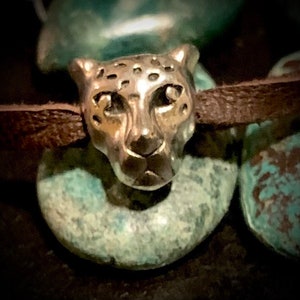 Jaguar necklace, small silver jaguar head on a deerskin leather cord, jaguar choker, silver jaguar head, jaguar face necklace, ocelotl, jagu