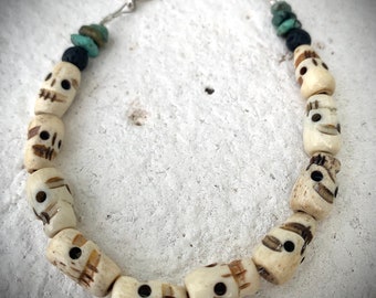 Skull bracelet made from animal bone, skull and turquoise bracelet, day of the dead bracelet, dia de Los muertos bracelet, skull bracelet