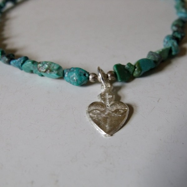 Sacred Heart Milagro Necklace with Turquoise Stones, Milagro necklace, Milagro jewelry, sacred heart necklace, sacred heart jewelry