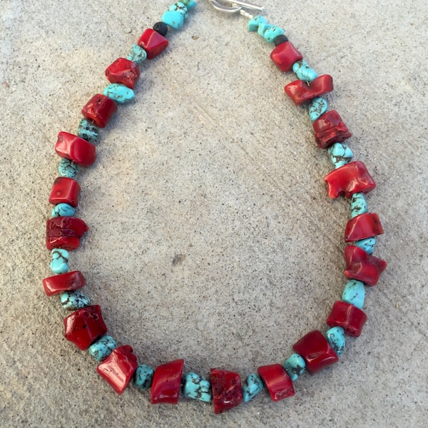 Coral and turquoise necklace with lava rock, turquoise and red coral necklace, large red coral necklace, native turquoise and coral necklace