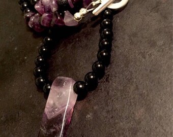 Chevron amethyst crystal on a black obsidian necklace , amethyst necklace, rough cut amethyst crystal necklace, amethyst crystal necklace,