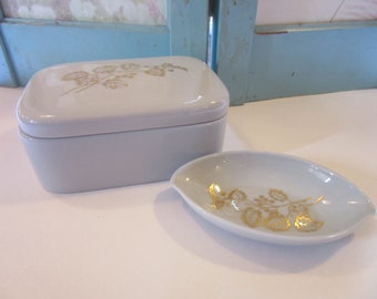 Vintage Pair of Lenox  Fine Porcelain Vanity Pieces - Trinket Covered Dish - Petite Tray - Use for Jewelry - Display - Collectible
