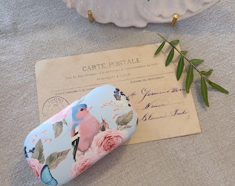 French made hard shell hinged trinket box - Sweet Bird and Floral Colors