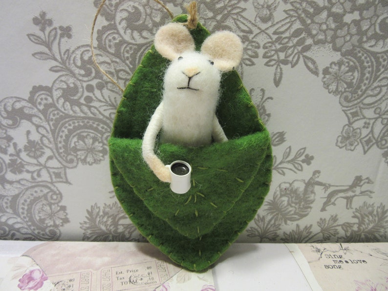 One Friendly Felt Mouse in Leaf Ornament Mouse Drinking Coffee Garden Home Decor Felted Mouse with Coffee Morning Coffee Mouse image 1