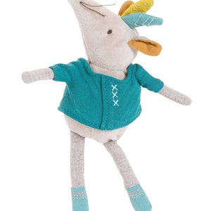 May include: A gray plush mouse wearing a teal blue shirt with white stitching and a yellow, green, and blue feather crown. The mouse has gray legs and blue socks.