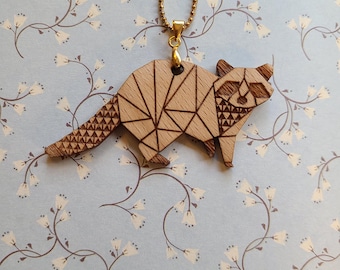 Artisan Wood Racoon Necklace: French Wildlife Jewelry