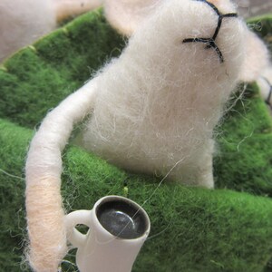 One Friendly Felt Mouse in Leaf Ornament Mouse Drinking Coffee Garden Home Decor Felted Mouse with Coffee Morning Coffee Mouse image 10