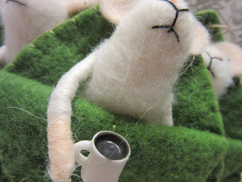 One Friendly Felt Mouse in Leaf Ornament Mouse Drinking Coffee Garden Home Decor Felted Mouse with Coffee Morning Coffee Mouse image 10