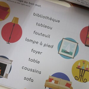 K&ouml;nnte beinhalten: Eine bunte Illustration verschiedener Einrichtungsgegenst&auml;nde, darunter ein Sofa, ein Kamin, eine Lampe, ein B&uuml;cherregal, ein Tisch und ein Bilderrahmen. Die Illustration ist mit franz&ouml;sischen W&ouml;rtern f&uuml;r jeden Gegenstand versehen.