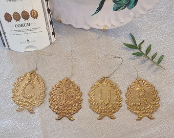 French Metal Stamped Initial Ornament, Gold Shabby Chic Decor