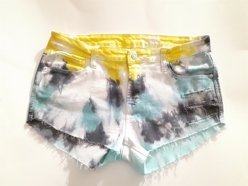Blue and Yellow Shorts Summer Shorts Festival Hipster Boho Colorful Shorts 3132 Tie Dye High Waist Distressed Ripped Denim Jean Shorts